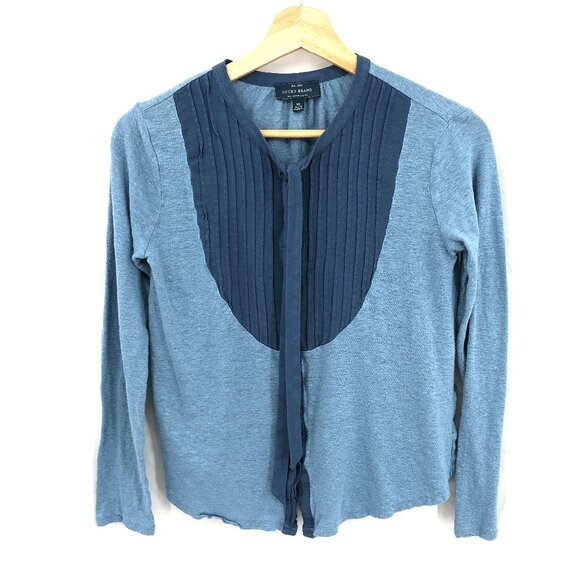 Lucky Brand tie neck shirt boho tuxedo light denim Blue prairie peasant top XS - Picture 1 of 9